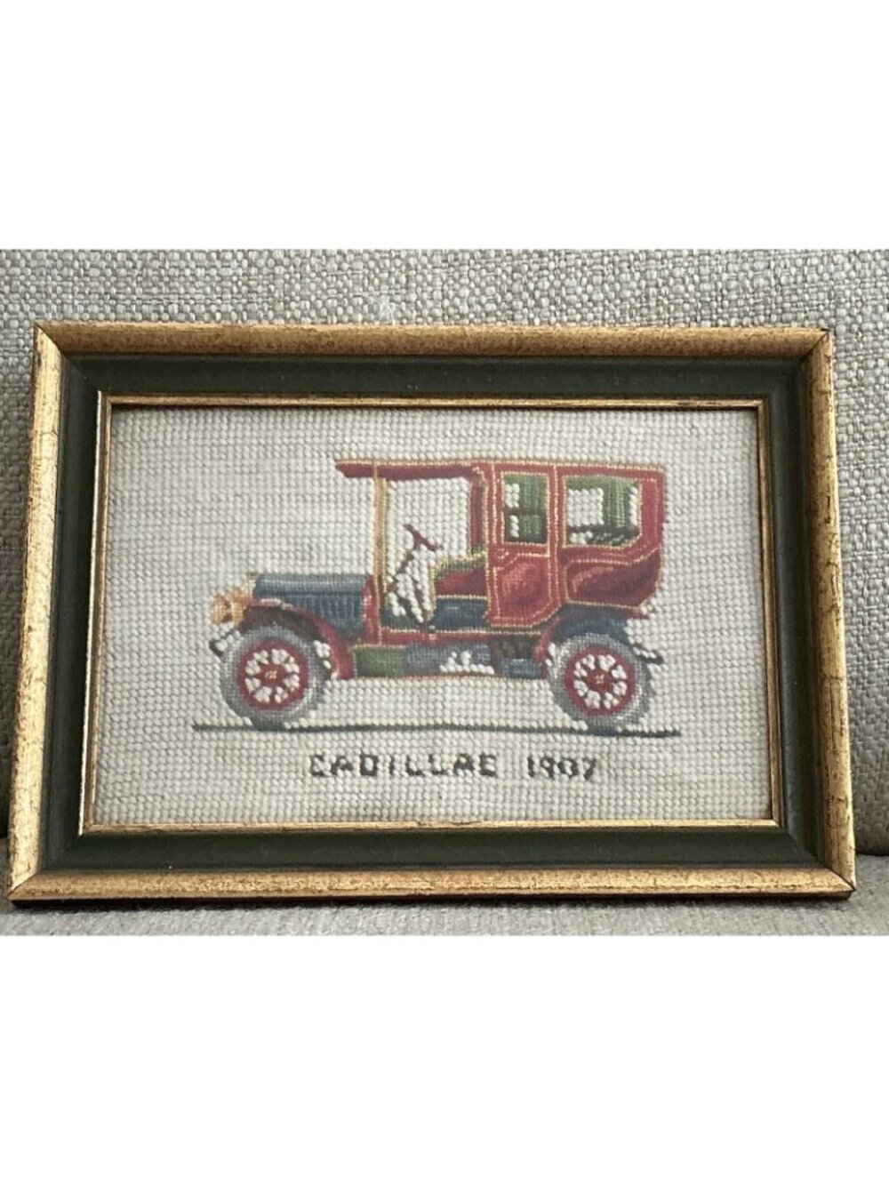 Pair Vintage Framed Needlepoint Antique Cars Studebaker & Cadillac 10.5x7.5 - Picture 4 of 7